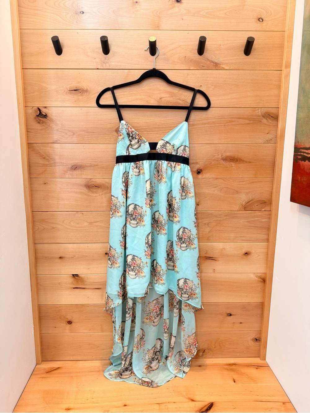 Millau Aqua Skull Floral High-Low Spaghetti Strap Dress with Black Trim
